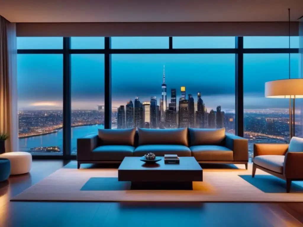Salón moderno con vista nocturna a la ciudad y elegante decoración Sofisticación y confort en sala moderna con vista nocturna de la ciudad, ideal para desmitificar mitos hipotecas ingresos futuros