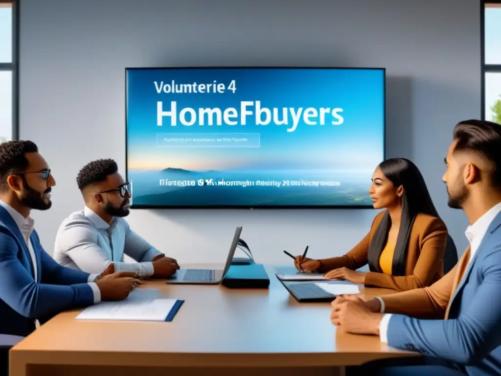 Reunión con asesor financiero: compradores de casa primerizos Consejero financiero presenta ofertas préstamos inmobiliarios a diverso grupo primeros compradores en moderna oficina