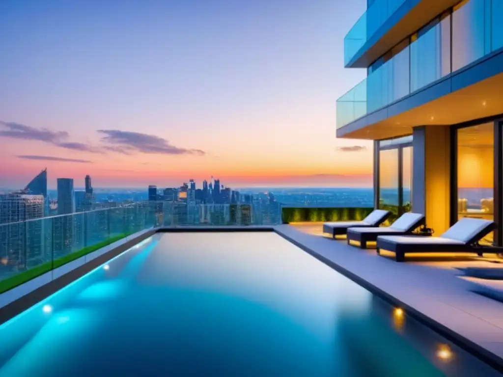 Apartamentos de lujo con piscina en la azotea y vistas al atardecer Consejos inversión bienes raíces: Complejo de apartamentos modernos de lujo con piscina en la azotea y vistas a la ciudad al atardecer