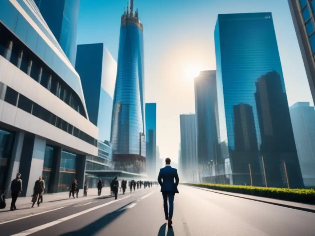 Horizonte urbano vibrante: éxito en desarrollo comercial Consejos préstamos desarrollo comercial: Vibrante ciudad de rascacielos modernos bajo cielo azul, reflejando éxito y prosperidad