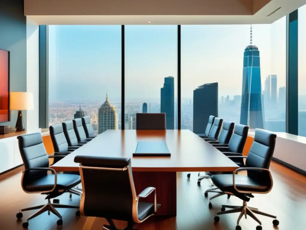 Sala de juntas moderna y lujosa con vista a la ciudad Consejos negociación financiamiento inmobiliario en lujosa sala de juntas moderna con vista urbana