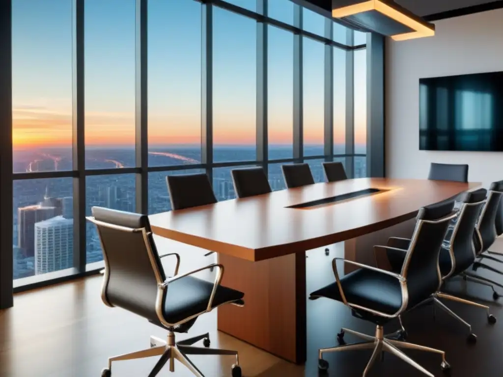 Reunión de negocios en sala de juntas moderna Consejos para negociar financiamiento inmobiliario en una sala de juntas elegante y moderna con vista a la ciudad