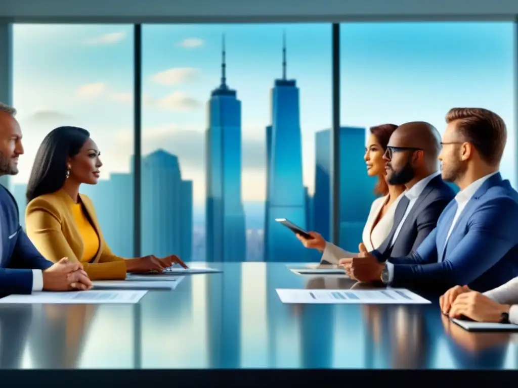 Inversores inmobiliarios en reunión estratégica Consejos sindicación inmobiliaria relaciones: Inversores discuten estrategias en sala elegante con vista a la ciudad