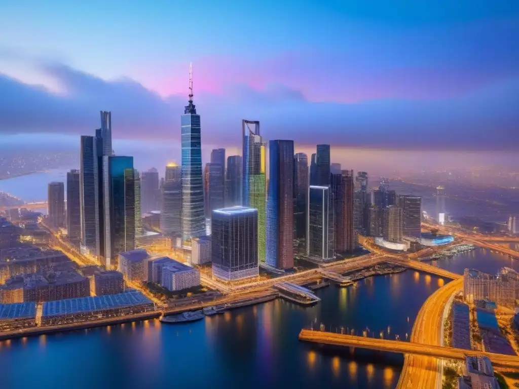 Cityscape multicultural: éxito inmobiliario y diversidad cultural Consejos para inversiones inmobiliarias exitosas: Ciudad vibrante al atardecer con rascacielos iluminados y profesionales multiculturales