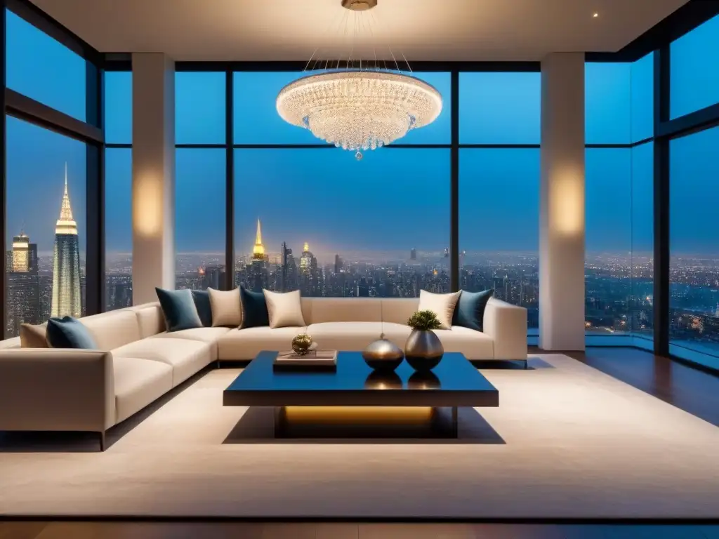 Sala de estar de lujo en penthouse con vistas a la ciudad al anochecer Consejos mantenimiento propiedad de lujo: Sala de estar lujosa en penthouse con vista a la ciudad al atardecer