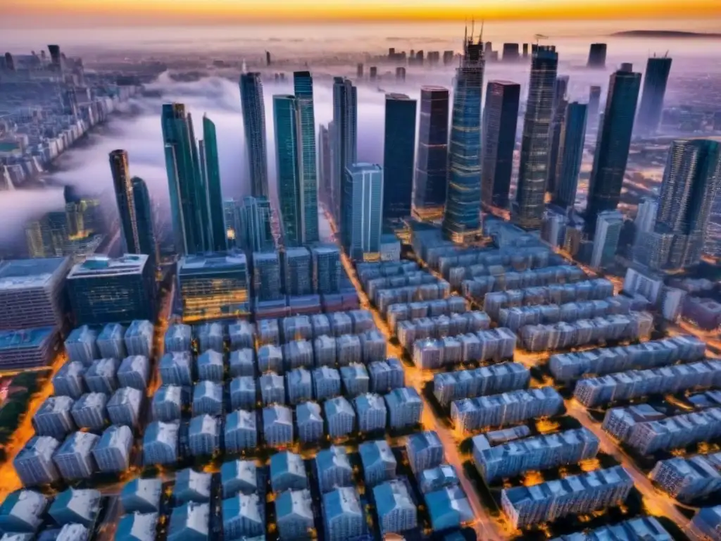 Horizonte urbano moderno: mercado inmobiliario en evolución Consejos nuevas regulaciones inmobiliarias: Ciudad moderna con rascacielos y edificios contemporáneos, bañada por la luz dorada del atardecer