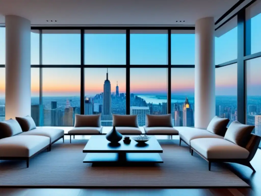 Espléndido salón de lujo con vista urbana en 8k Consejos para fotografía de propiedades de lujo: Sala de estar moderna y lujosa con vistas urbanas impresionantes y elegante decoración