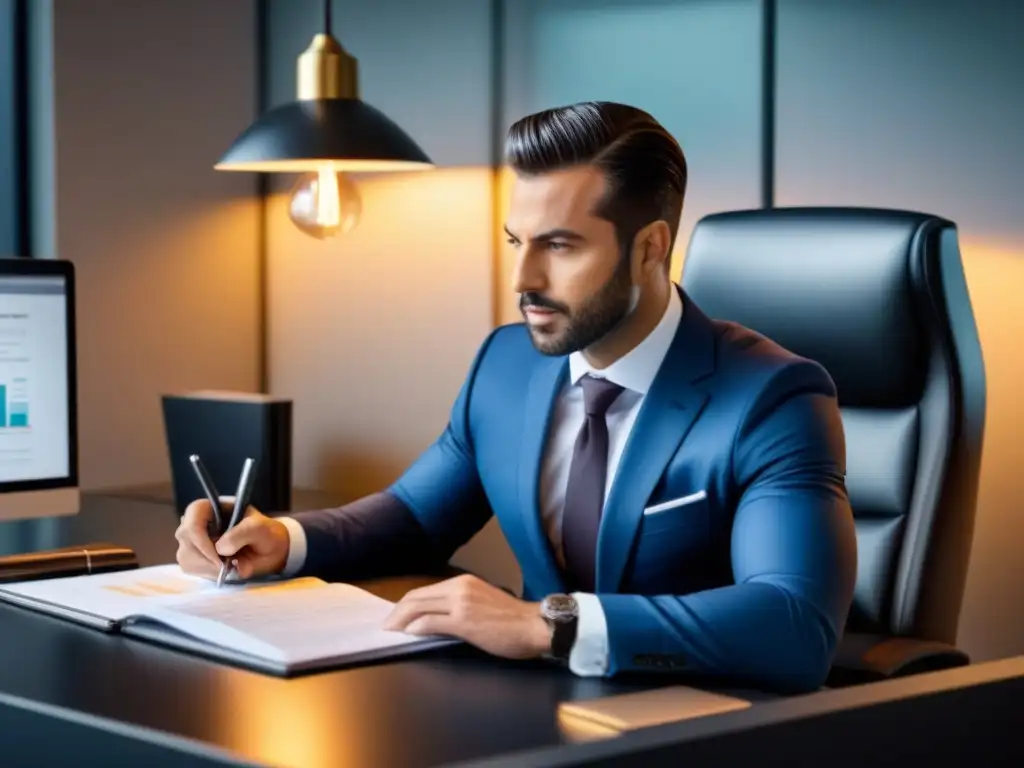 Consultor financiero revisando documentos en oficina moderna Un consultor revisa gráficos financieros en su elegante escritorio de oficina