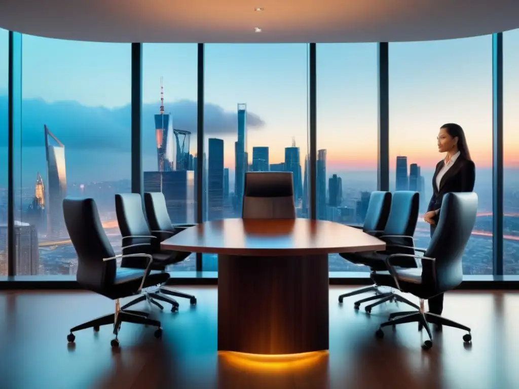 Consultoría financiera de éxito en oficina moderna con vista urbana al atardecer Consultoría fiscal e inversiones inmobiliarias internacionales en una lujosa sala de juntas moderna con vista a la ciudad al atardecer