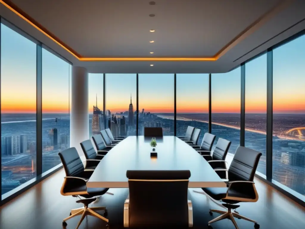 Reunión ejecutiva de alto nivel en oficina moderna con vista a la ciudad Consultoría fiscal inversiones inmobiliarias internacionales: Sala de juntas lujosa con profesionales multiculturales y tecnología de vanguardia