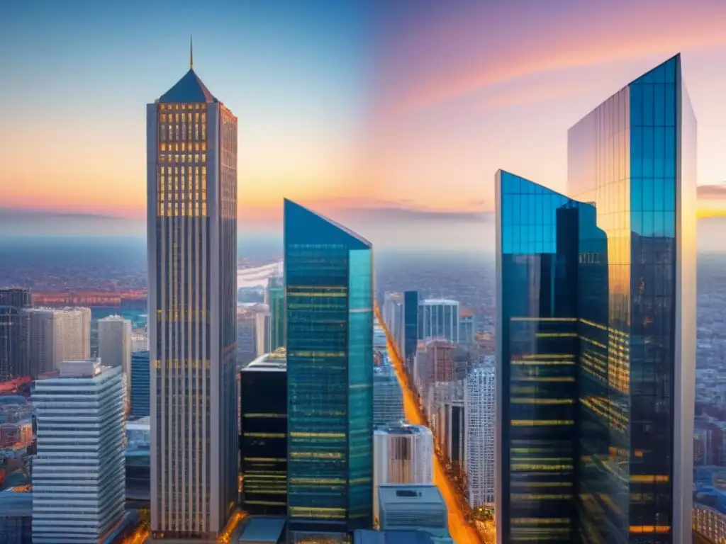Inversión inmobiliaria: REIT vs Contraste entre un edificio REIT comercial moderno y una propiedad física tradicional, destacando Ventajas REITs comerciales vs propiedades