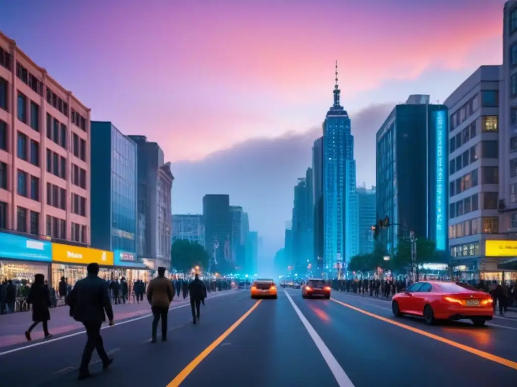 Vida urbana: Fusión de rascacielos y hogares al atardecer Contrastes entre propiedades comerciales y residenciales en la ciudad al anochecer