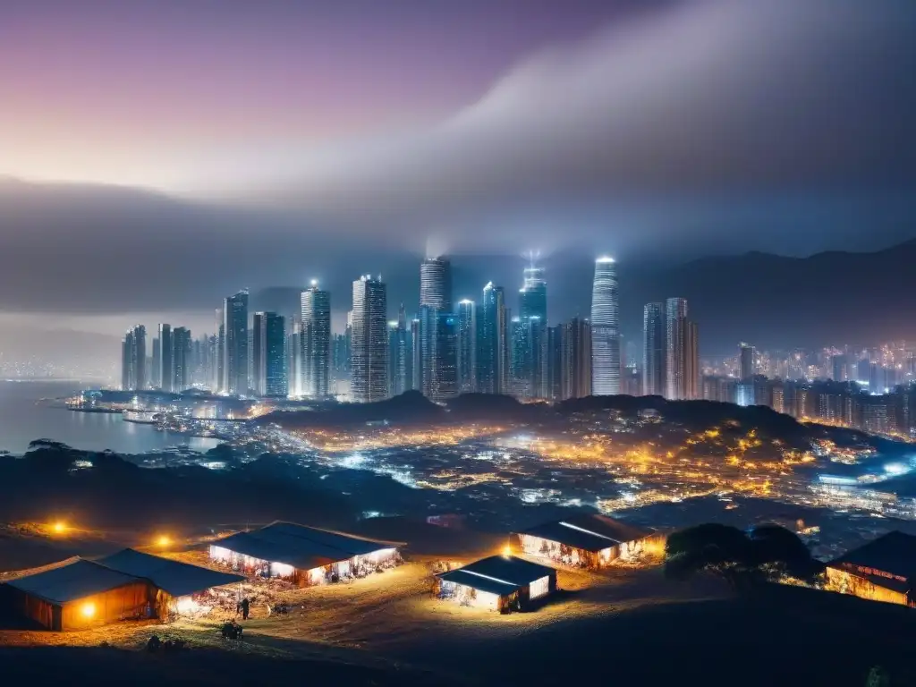 Desigualdad crediticia: luces y sombras en la ciudad Contrastes urbanos: rascacielos iluminados frente a barrios oscuros, simbolizando desigualdad en Créditos inmobiliarios ubicación geográfica