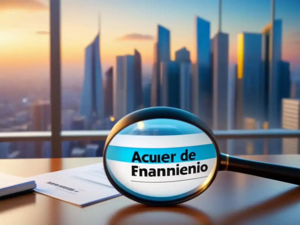 Un contrato con cláusulas transparentes en financiamiento inmobiliario bajo lupa en un elegante escritorio de oficina moderna