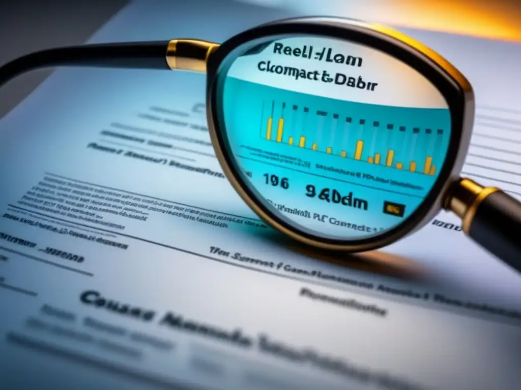 Contrato préstamo inmobiliario transparente con cláusulas detalladas y términos destacados por lupas y gráficos digitales futuristas
