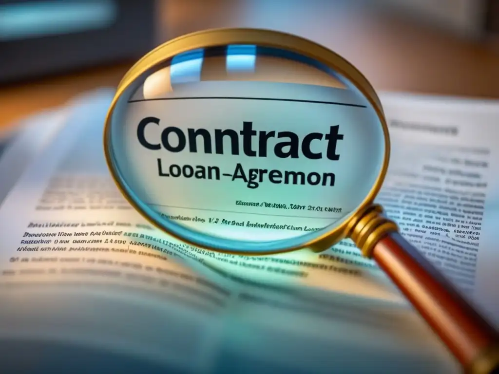 Contrato de préstamo inmobiliario transparente con lenguaje legal detallado y lupa destacando transparencia
