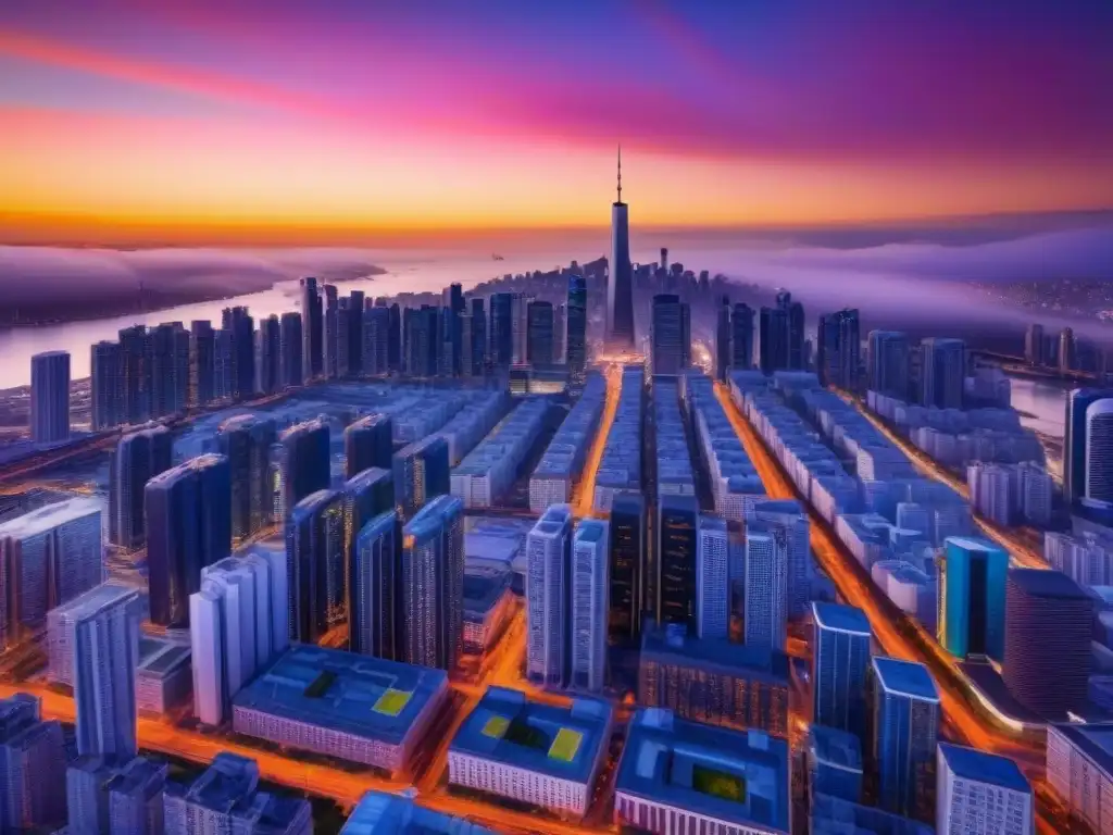 Metrópolis futurista: edificios inteligentes conectados en atardecer vibrante Contratos inteligentes en finanzas inmobiliarias: Edificios inteligentes conectados en una ciudad futurista al atardecer vibrante