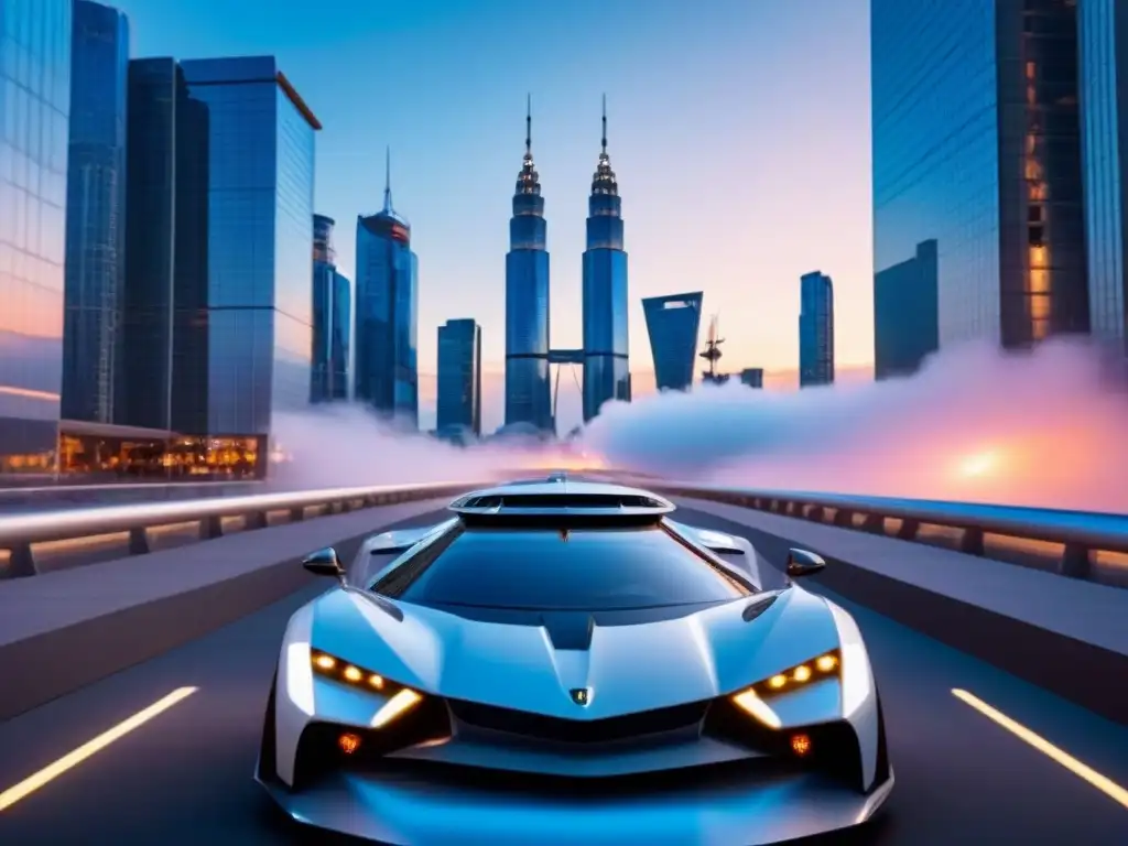 Contrato inmobiliario futurista en ciudad tecnológica Contratos inteligentes en Finanzas Inmobiliarias: Futurista ciudad al anochecer con rascacielos iluminados y autos voladores entre edificios