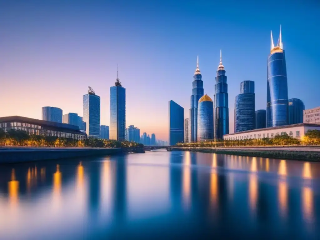Contratos inteligentes en finanzas inmobiliarias: Skyline urbano moderno al atardecer con rascacielos iluminados en río