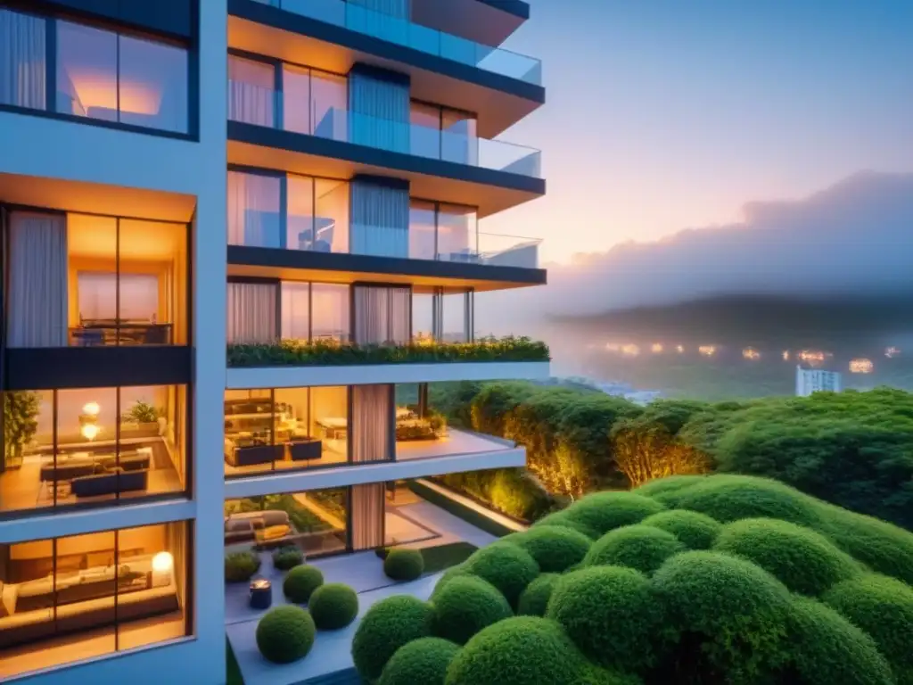 Edificio de lujo con tecnología integrada en el paisaje urbano Contratos inteligentes en transacciones inmobiliarias: Edificio moderno de cristal con vista urbana y vegetación al anochecer