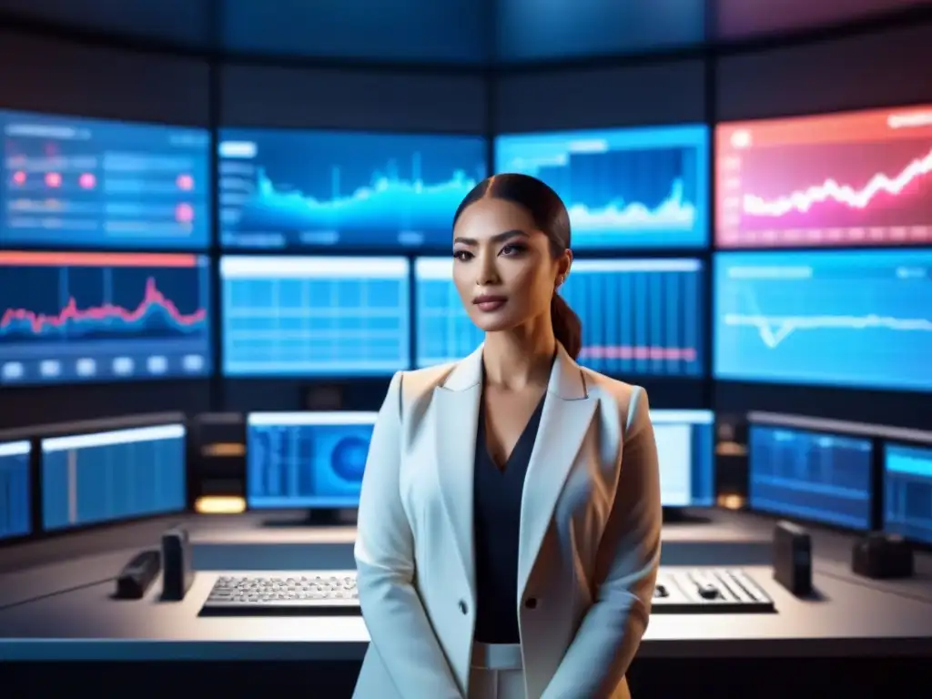 IA avanzada analizando datos en sala futurista Control room futurista de IA analizando datos con gráficos coloridos, vital para tasaciones