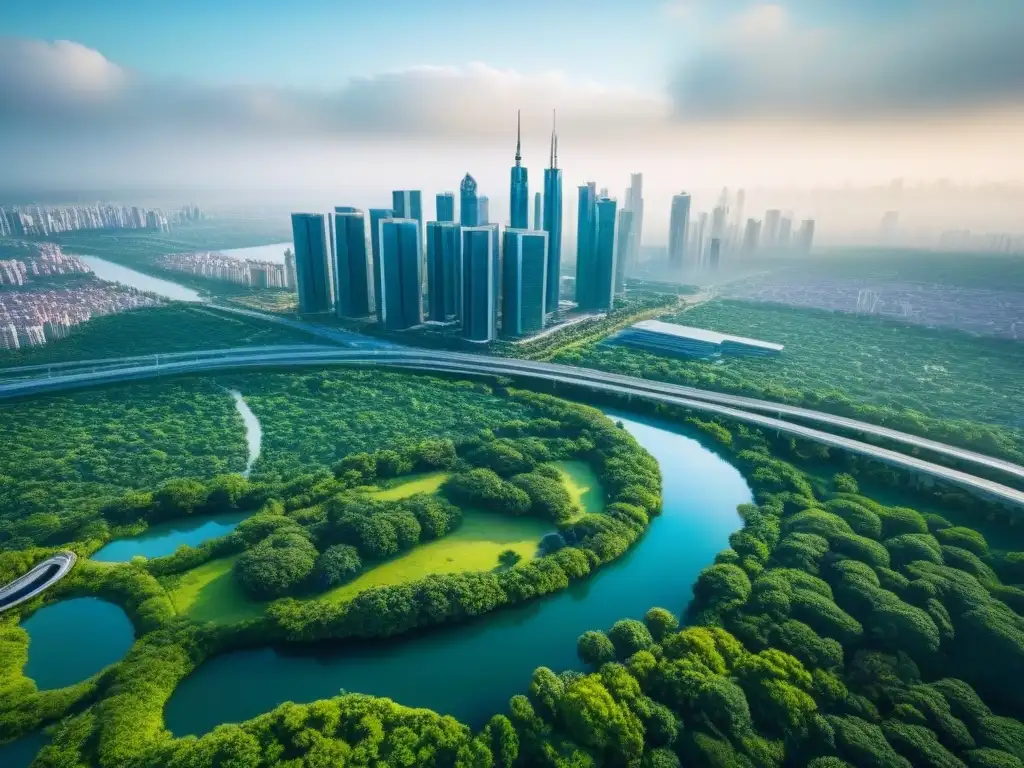 Horizonte urbano: desarrollo vs naturaleza, oportunidades de inversión Crecimiento inmobiliario por regiones: Ciudad moderna con rascacielos y parques verdes