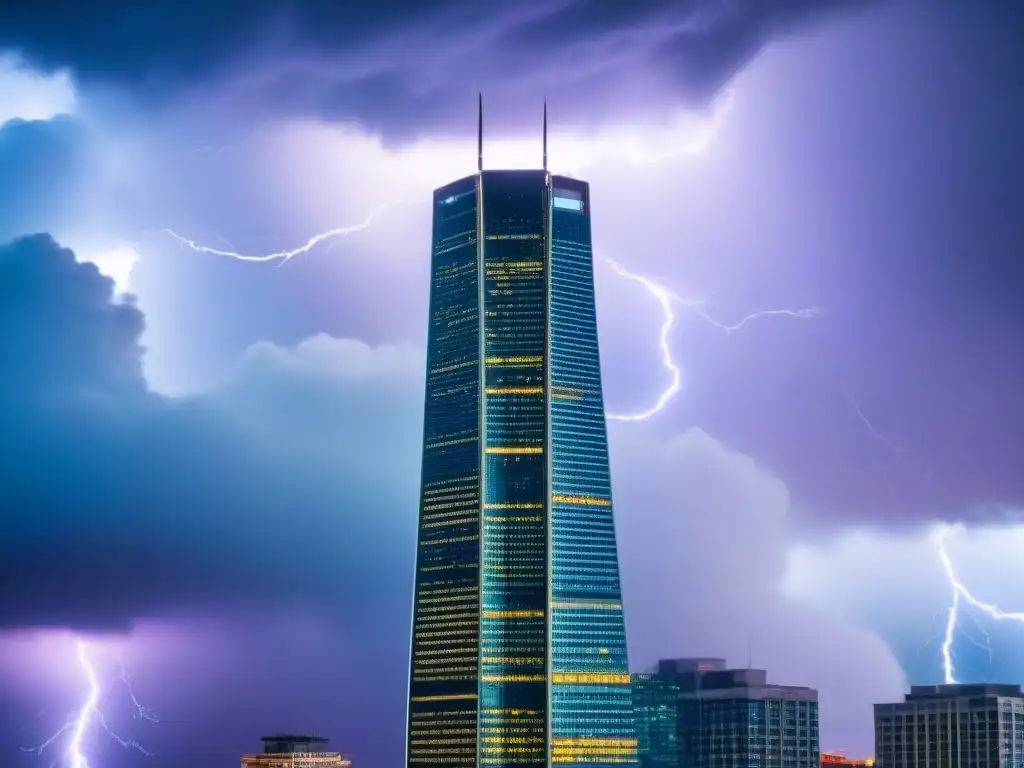 Inversión inmobiliaria resiliente ante crisis: torre futurista en tormenta Inversión en REITs durante crisis: Edificio futurista en medio de tormenta, simbolizando estabilidad y resistencia