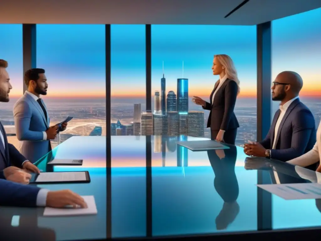 Inversores debatiendo cifras inmobiliarias en sala futurista Inversión en REITs durante crisis: Grupo diverso de inversores analizando datos en sala futurista con vista a la ciudad al atardecer