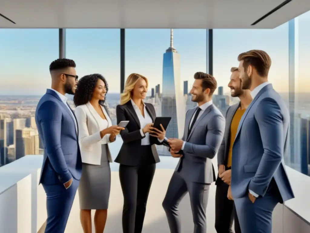 Inversores diversificados colaboran en plataforma inmobiliaria Inversión en crowdfunding inmobiliario: Grupo diverso de inversores colaborando en plataforma digital en oficina moderna con vista a la ciudad