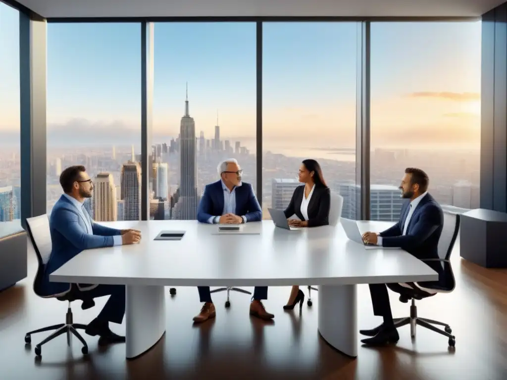 Inversores diversificados planeando estrategias de inversión inmobiliaria en oficina moderna y luminosa Inversión en crowdfunding inmobiliario: Grupo diverso de inversores debatiendo estrategias en una moderna oficina con vista a la ciudad