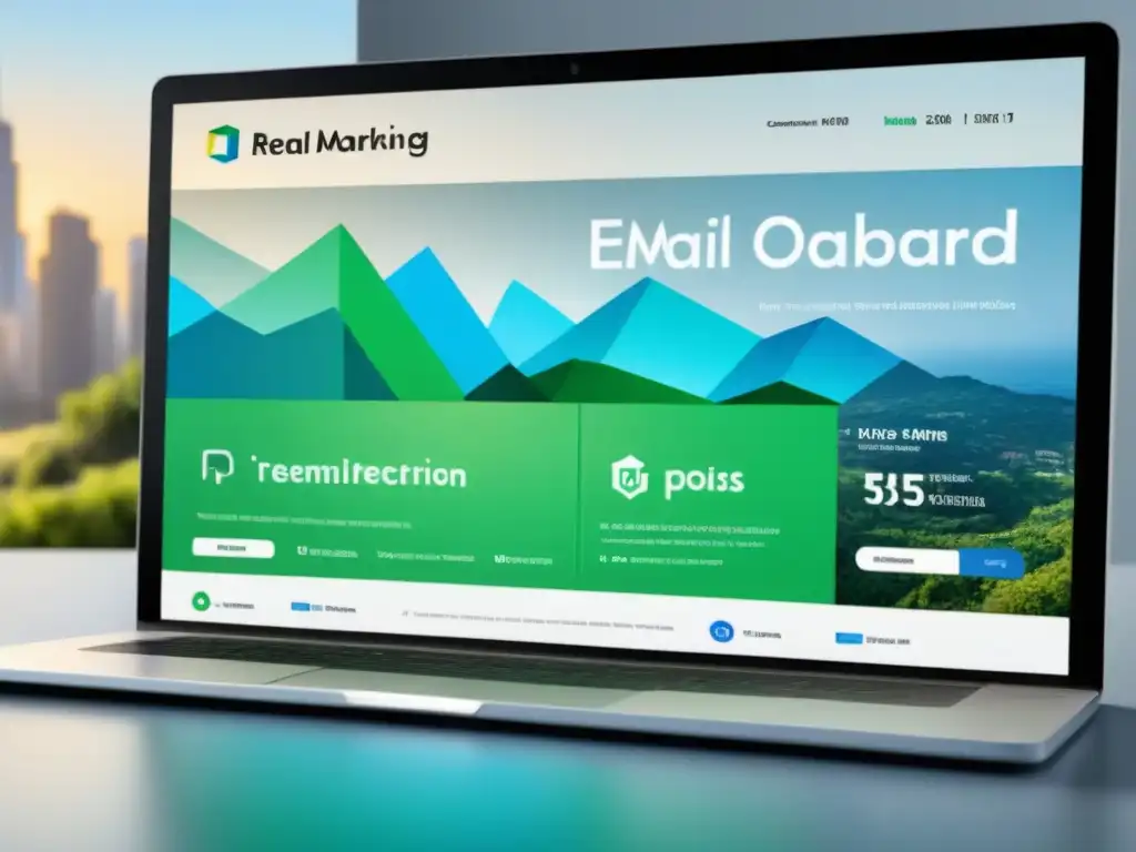 Tablero de Email Marketing para Inmobiliarias Un dashboard moderno y detallado para email marketing de promotores inmobiliarios, con gráficos y visualizaciones 3D
