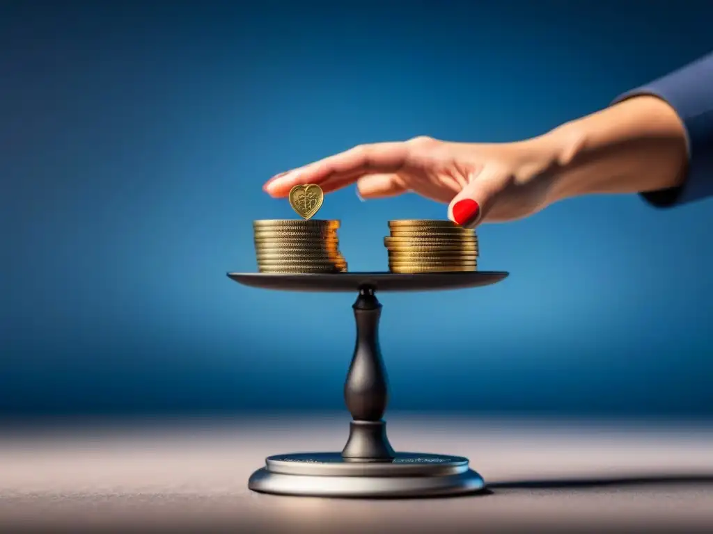 Balance ético: monedas vs corazón en escala Un delicado equilibrio: monedas y corazón en una balanza, simbolizando Ética tasas interés justas