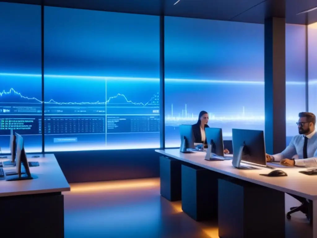 Oficina futurista: Equipo diverso optimiza créditos con tecnología avanzada Transformación departamentos créditos con automatización: Oficina futurista con pantallas transparentes y equipo diverso discutiendo