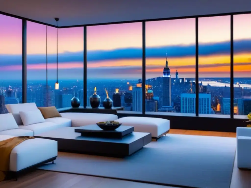 Penthouse moderno con vistas urbanas y atardecer espectacular Desafíos financiamiento inmobiliario superar: lujoso ático moderno con diseño elegante, ventanales y puesta de sol urbana
