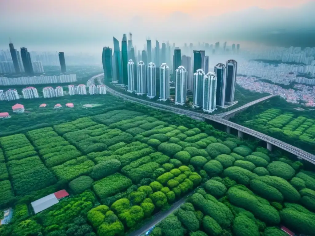 Horizonte urbano asiático: rascacielos y naturaleza Desafíos financieros en el mercado inmobiliario asiático: una ciudad vibrante entre rascacielos y vegetación exuberante