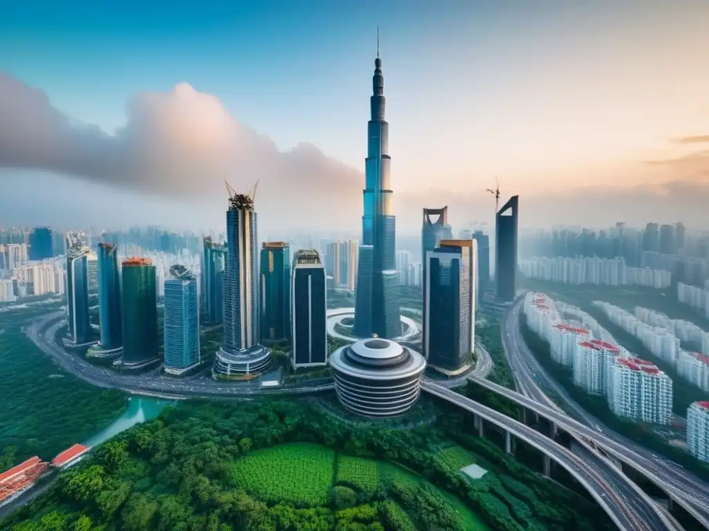 Metrópolis asiática: crecimiento urbano y financiero Desafíos y oportunidades en financiamiento inmobiliario Asia: ciudad asiática bulliciosa con rascacielos, calles vibrantes y arquitectura moderna