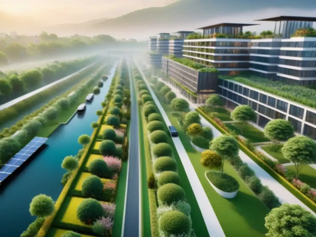 Desarrollo inmobiliario sostenible en armonía con la naturaleza Un desarrollo inmobiliario sostenible en armonía con la naturaleza, integrando paneles solares y áreas verdes