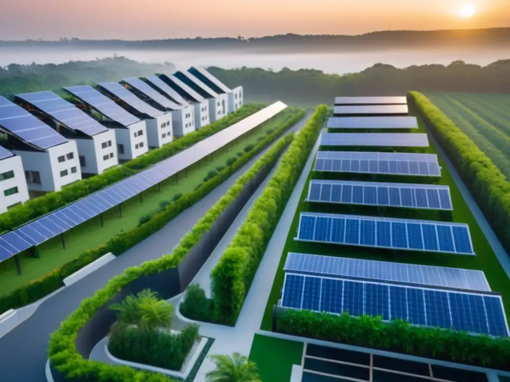 Desarrollo inmobiliario sostenible: armonía entre modernidad y naturaleza Un desarrollo inmobiliario sostenible con edificios ecoamigables rodeados de vegetación, paneles solares y una puesta de sol