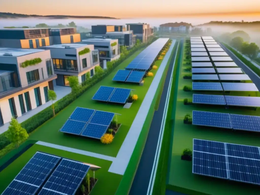 Desarrollo inmobiliario sostenible: armonía urbana y naturaleza Un desarrollo inmobiliario sostenible con energía solar, espacios verdes y arquitectura moderna