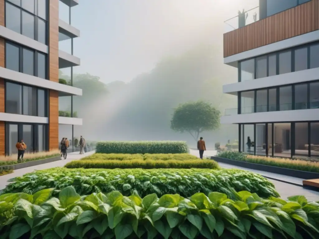 Innovador desarrollo inmobiliario sostenible con profesionales colaborando Un desarrollo inmobiliario sostenible con profesionales discutiendo opciones de financiamiento, integrando innovación y colaboración