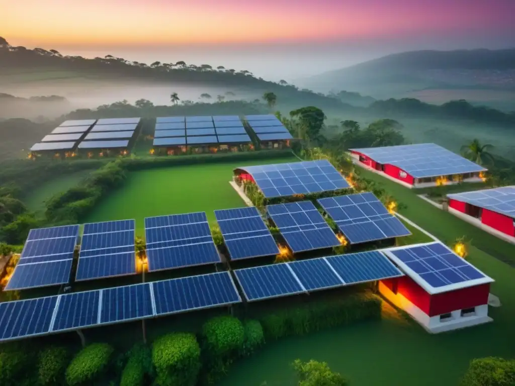 Desarrollo sostenible: arquitectura eco en Latinoamérica Desarrollo sostenible con paneles solares, áreas verdes y sistemas de agua innovadores al atardecer en Latinoamérica