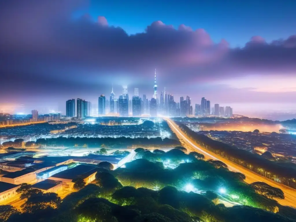 Metrópolis futurista: tecnología, sostenibilidad y comunidad Desarrollo urbano en ciudades inteligentes: una metrópolis futurista iluminada con rascacielos, transporte avanzado y áreas verdes integradas