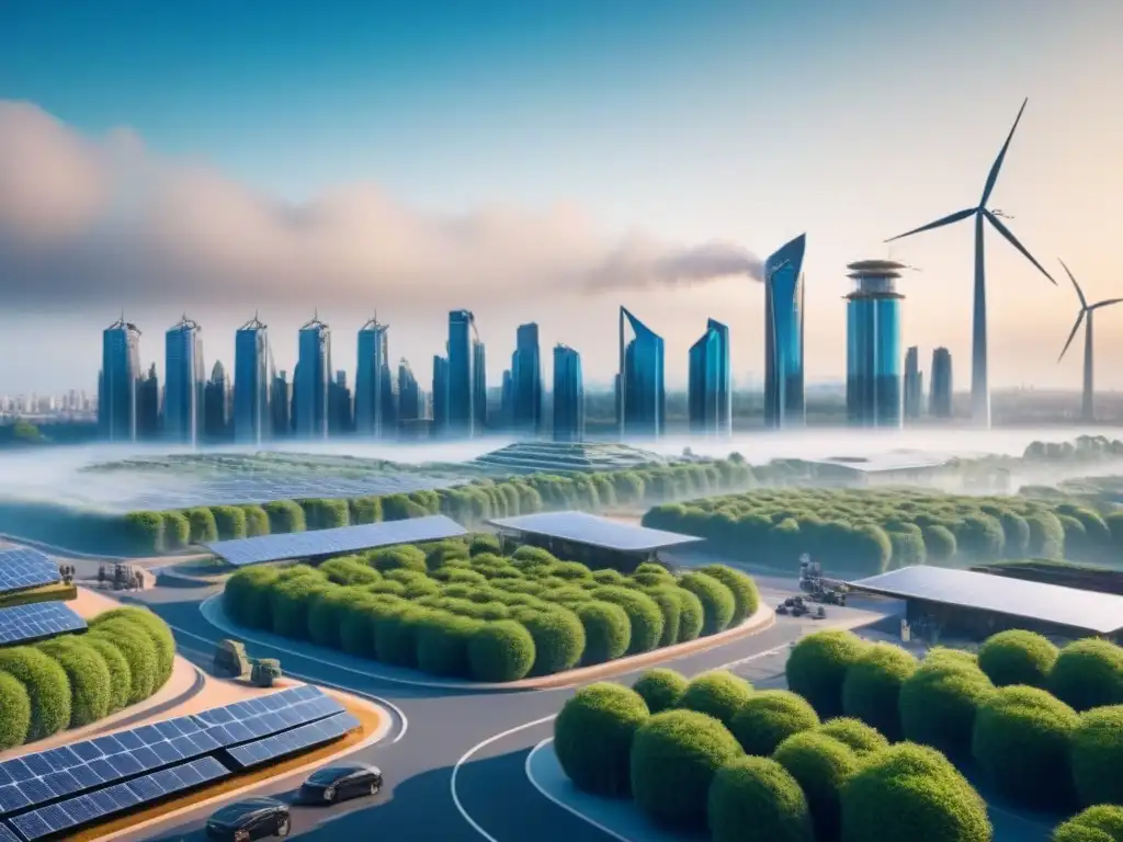 Metrópolis sostenible del futuro: arquitectura verde y eficiente Desarrollo urbano energía sostenible: Ciudad futurista con rascacielos verdes, paneles solares y vehículos eléctricos