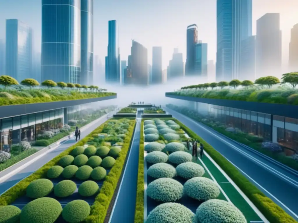 Metrópolis sostenible del futuro: integración de naturaleza y tecnología Desarrollo urbano del siglo XXI con edificios ecológicos y espacios verdes integrados en la ciudad