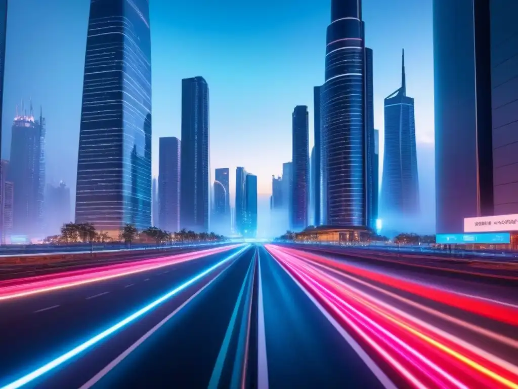 Metrópolis futurista: luces neon y tecnología avanzada Deslumbrante ciudad futurista de noche con rascacielos iluminados por luces de neón, tecnología avanzada y tendencias mercado inmobiliario tecnología