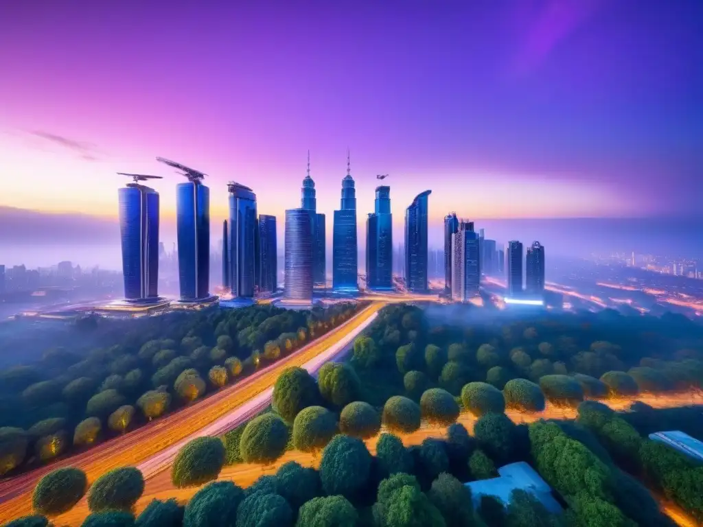 Metrópolis futurista al atardecer: innovación y prosperidad Deslumbrante ciudad futurista al anochecer, reflejando innovación y prosperidad con productos financieros híbridos rentabilidad inversiones