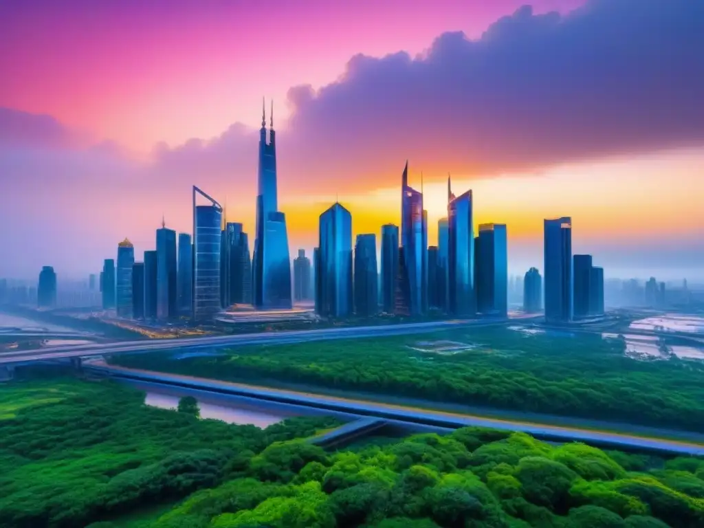 Horizonte futurista: Ciudad de cristal en armonía con la naturaleza Deslumbrante ciudad futurista con rascacielos de vidrio reflejando colores vibrantes del atardecer, rodeada de vegetación exuberante