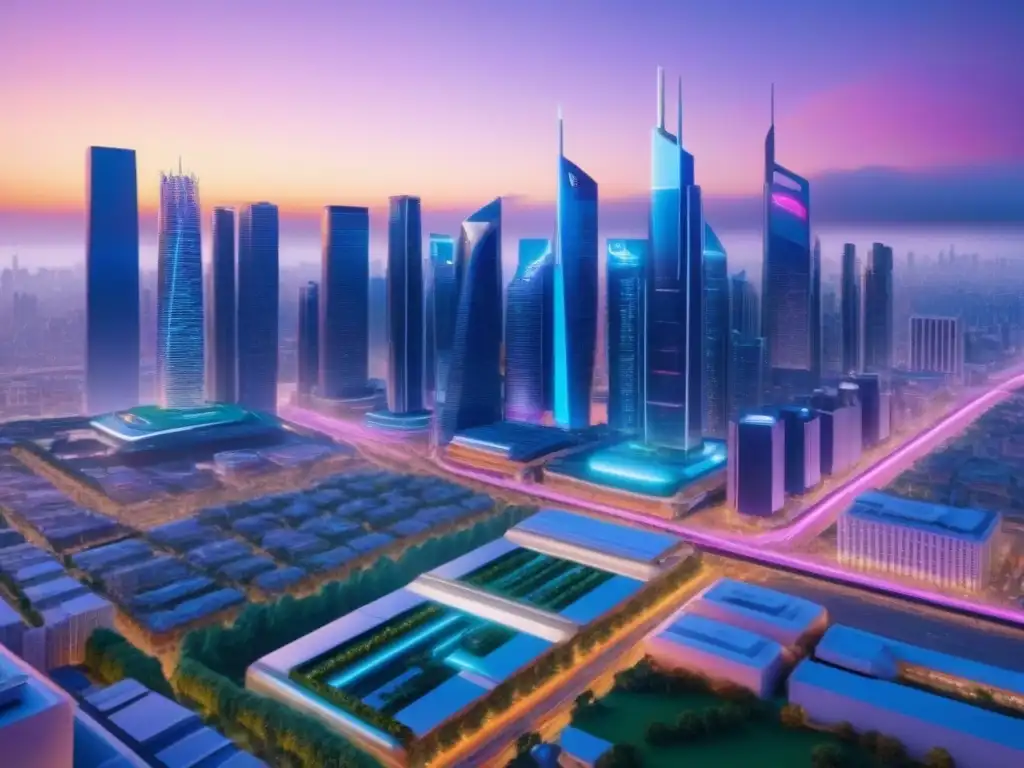 Metrópolis futurista: tecnología y diseño urbano en 8k Deslumbrante ciudad futurista al anochecer con tecnología en recuperación mercado inmobiliario