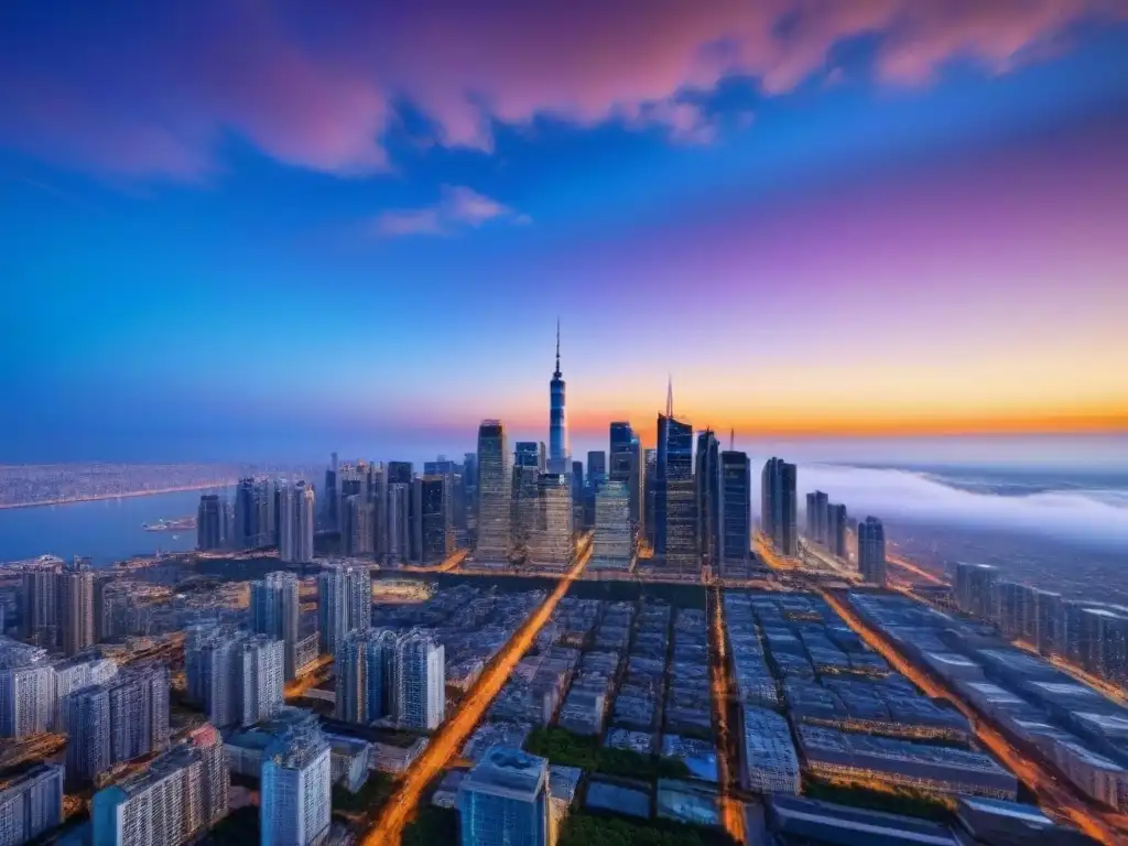Horizonte urbano al atardecer: luces que deslumbran Deslumbrante ciudad moderna al atardecer, reflejando la luz del sol