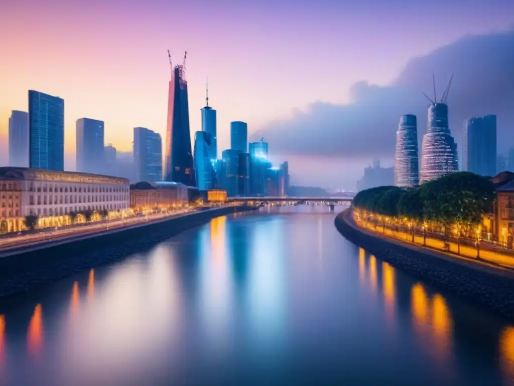 Inversiones inmobiliarias: luces de la ciudad nocturna Deslumbrante ciudad nocturna con rascacielos iluminados y un río, simbolizando la diversidad de oportunidades de inversión inmobiliaria por ubicación